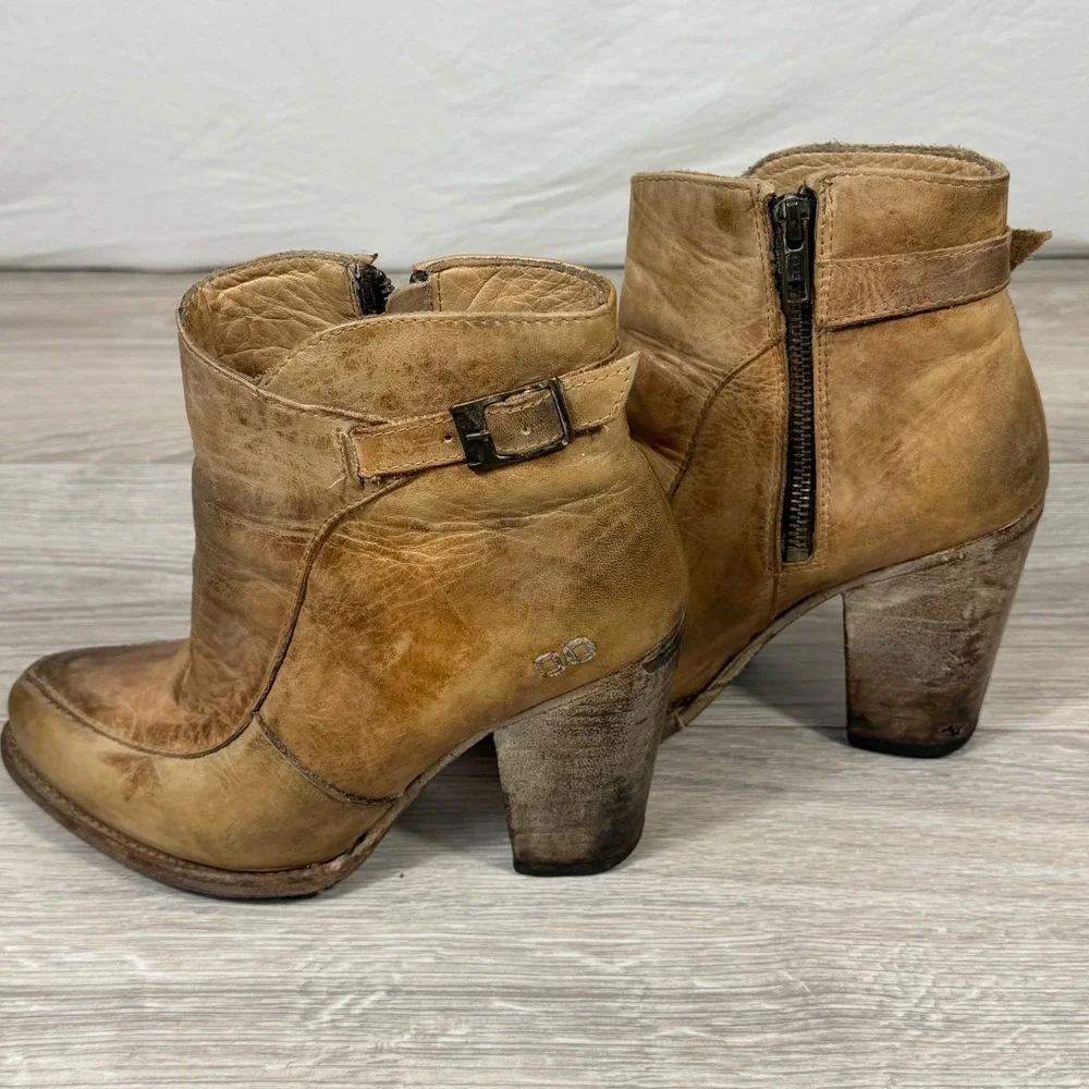 Bed‎ Stu Distressed Tan Isla Leather Ankle Boots Block Heel Side Zip 8078 Size 8